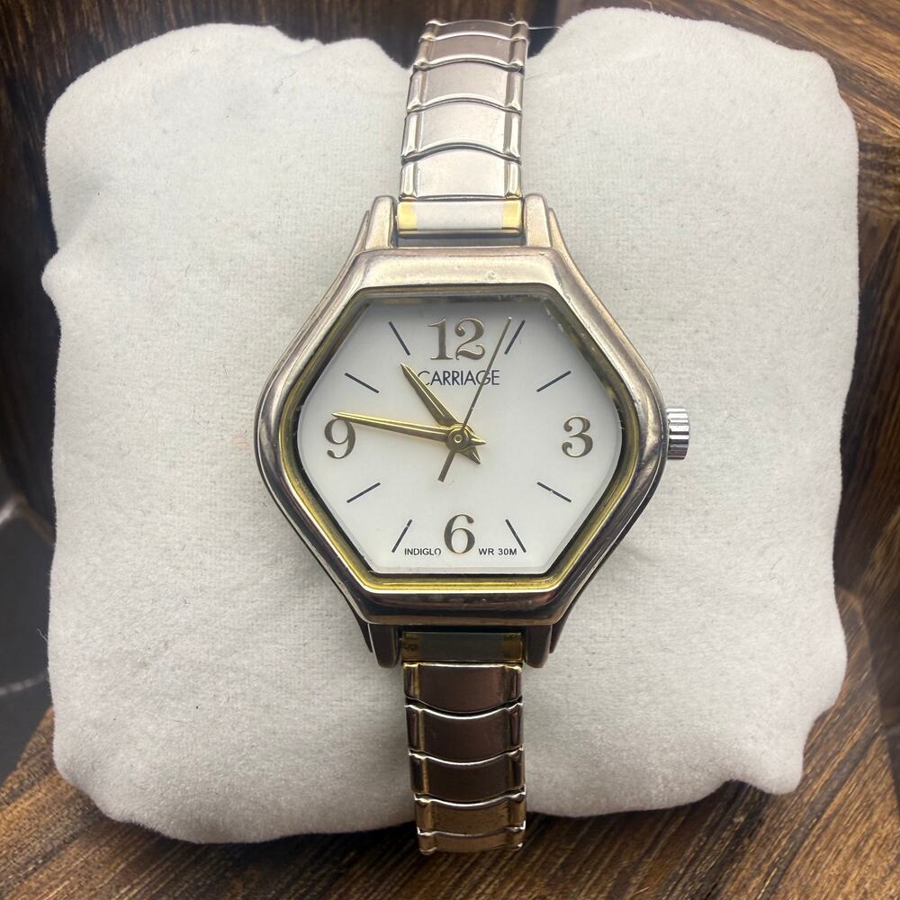 Vintage 2006 Carriage by Timex Hexagon Indiglo Two Tone Stretch Watch